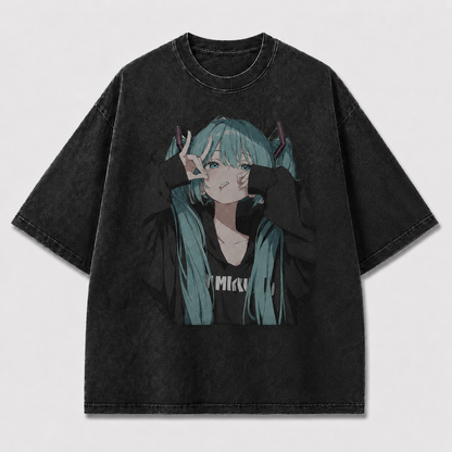 Oversized Graphic Print T-Shirt – Twin-Tail Waifu Streetwear Tee