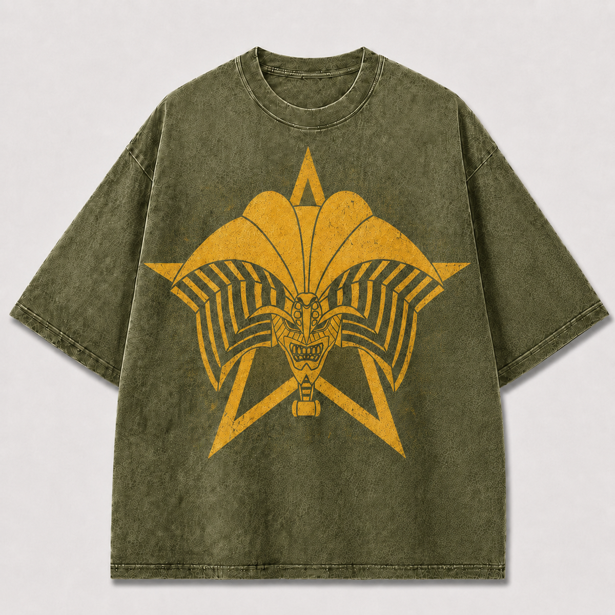 Oversized Golden Star Mask Graphic Tee – Symmetrical Print Top
