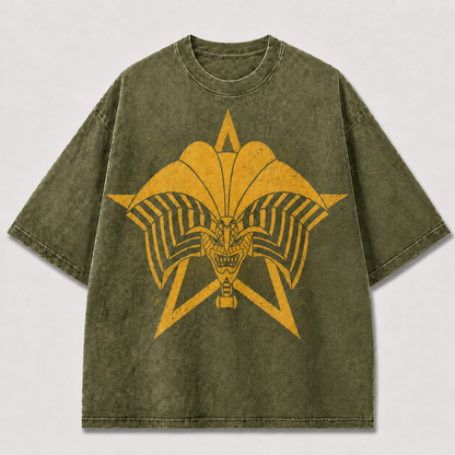 Oversized Golden Star Mask Graphic Tee – Symmetrical Print Top