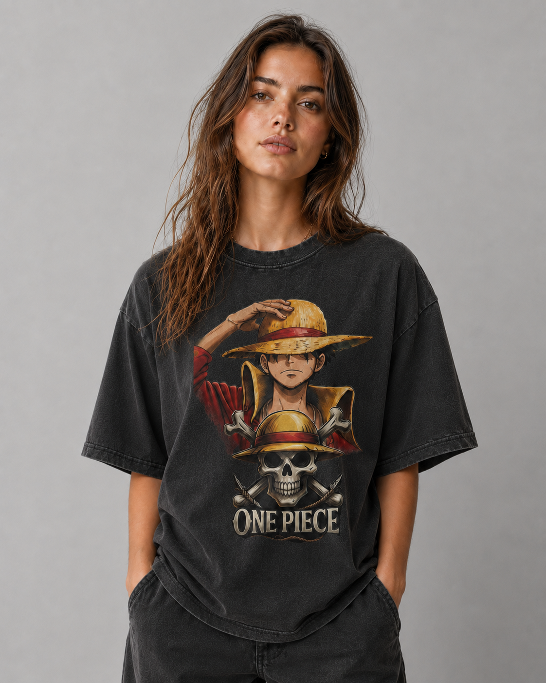 Oversized Streetwear Graphic Tee – Straw Hat Portrait Skull Badge Print