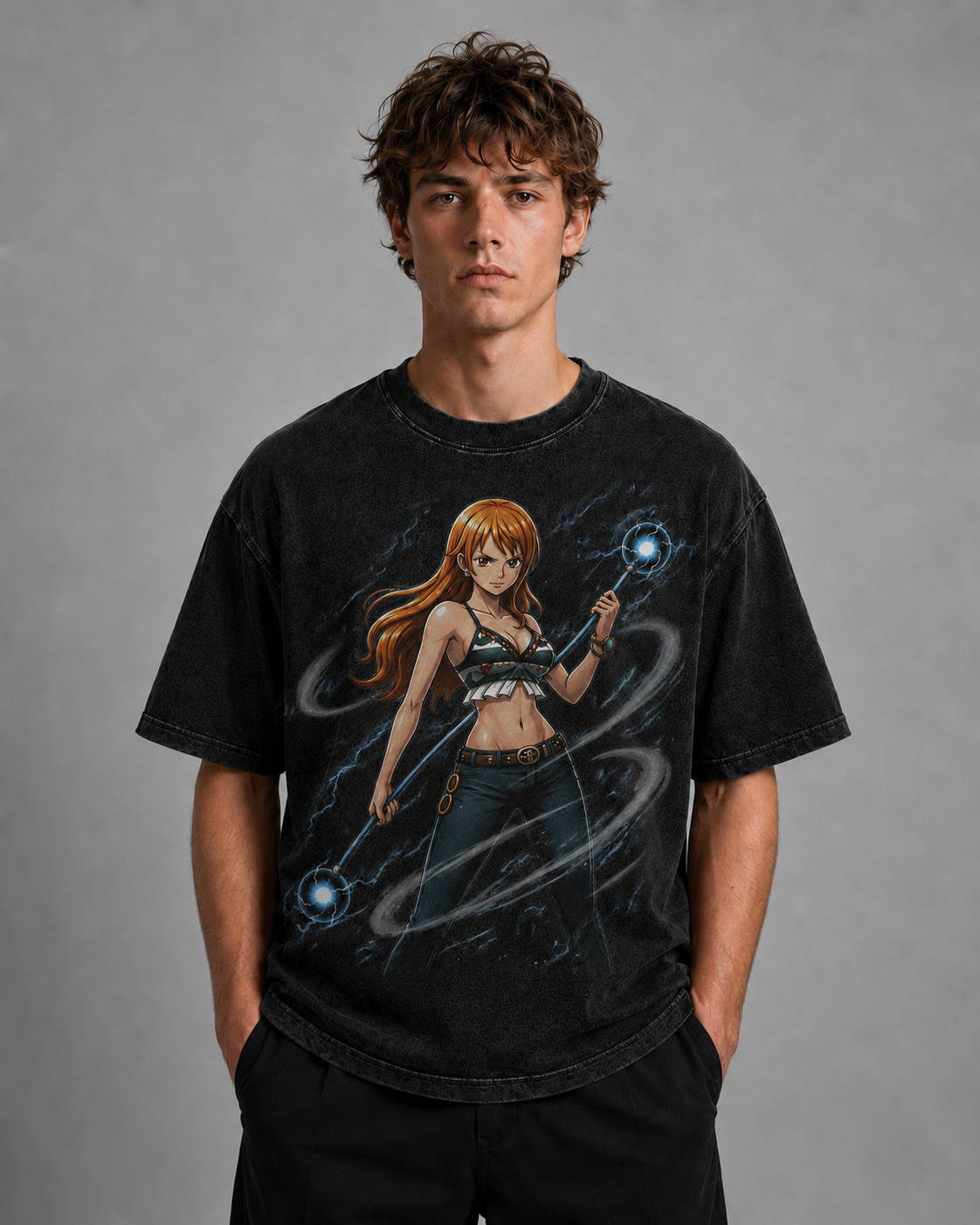 Oversized Streetwear Graphic Tee – Twin Orb Staff Weapon Print