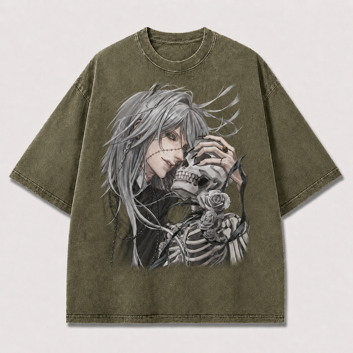 Oversized Gothic Skull Portrait Graphic Tee – Rose Print Top