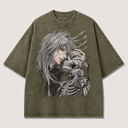 Oversized Gothic Skull Portrait Graphic Tee – Rose Print Top