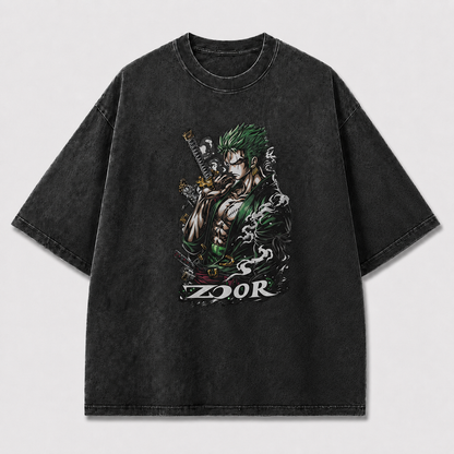 Oversized Graphic Print T-Shirt – Green-Haired Swordsman Streetwear Tee