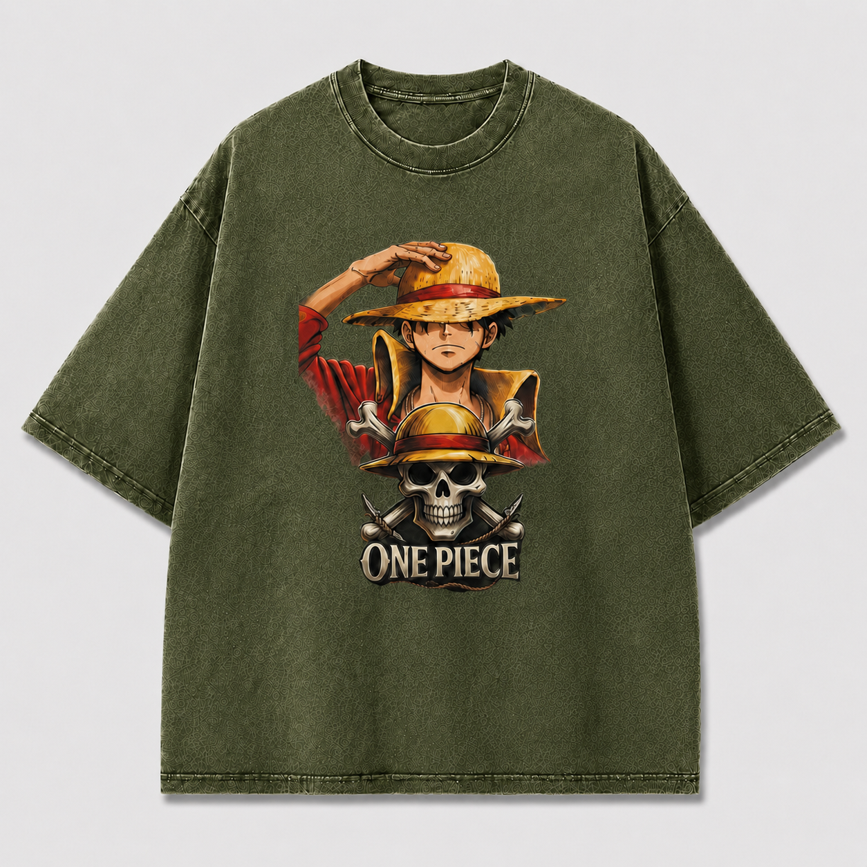Oversized Streetwear Graphic Tee – Straw Hat Portrait Skull Badge Print