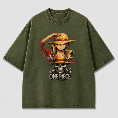 Oversized Streetwear Graphic Tee – Straw Hat Portrait Skull Badge Print