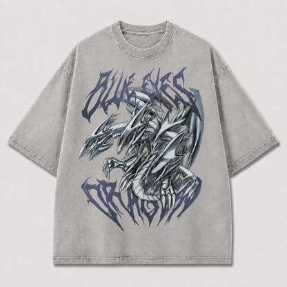 Oversized Metallic Dragon Graphic Tee – Gothic Lettering Print Top
