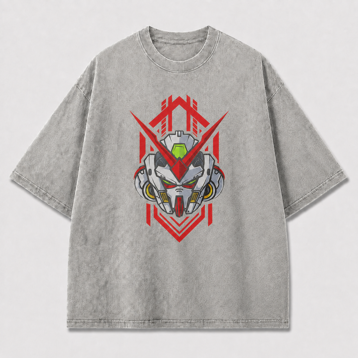 Oversized Emblem Mecha Graphic Tee – Geometric Badge Print Top