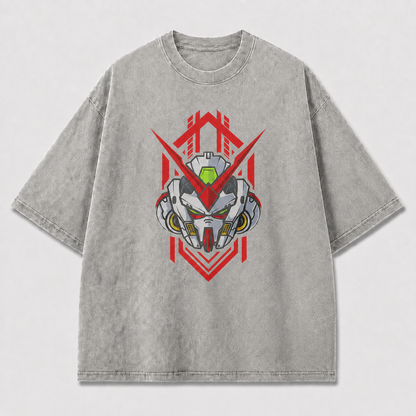 Oversized Emblem Mecha Graphic Tee – Geometric Badge Print Top