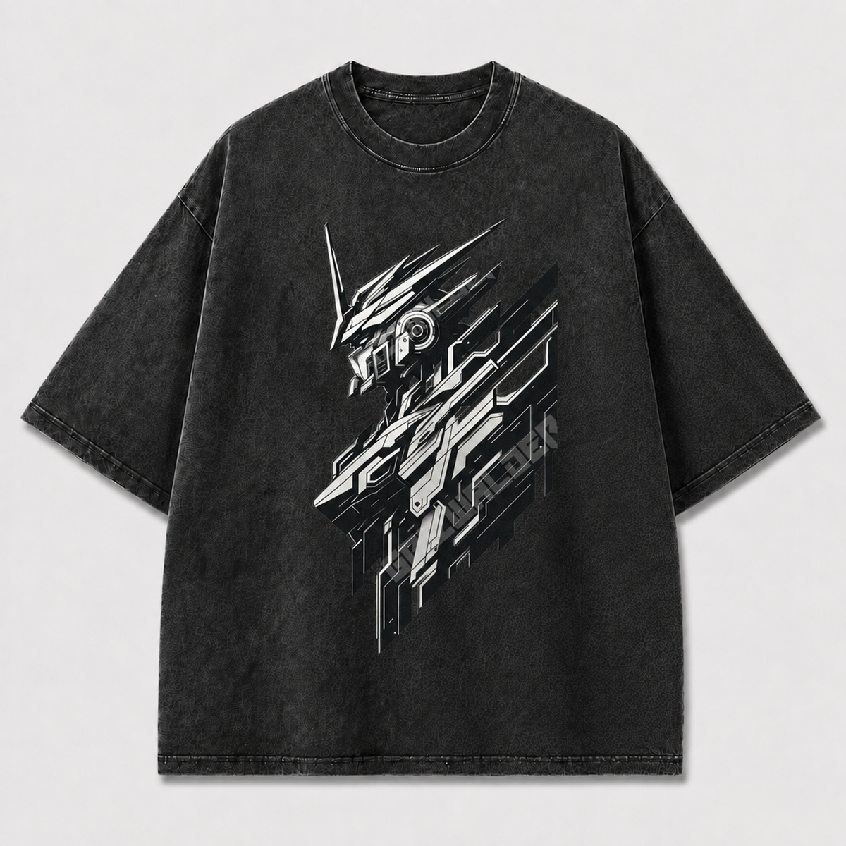 Oversized Cyber Mecha Graphic Tee – Geometric Slice Print Top
