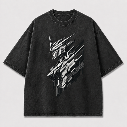 Oversized Cyber Mecha Graphic Tee – Geometric Slice Print Top