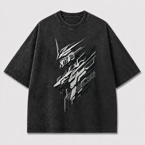 Oversized Cyber Mecha Graphic Tee – Geometric Slice Print Top