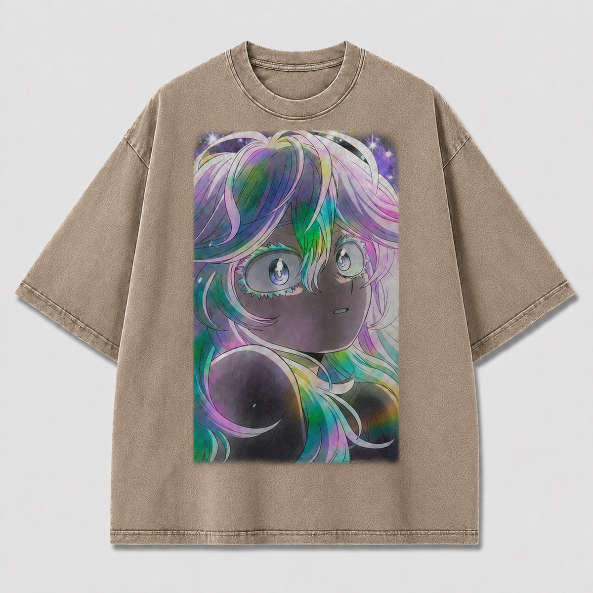 Oversized Iridescent Portrait Graphic Tee – Starlit Print Top