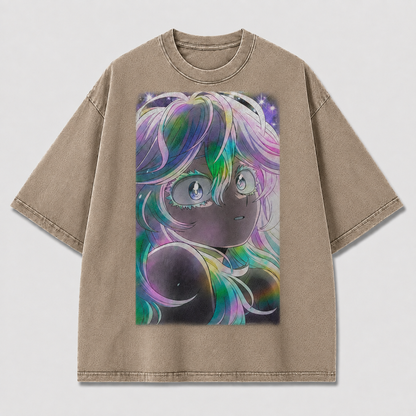 Oversized Iridescent Portrait Graphic Tee – Starlit Print Top
