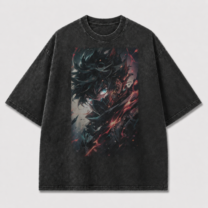Oversized Dark Portrait Graphic Tee – Fractured Flame Print Top