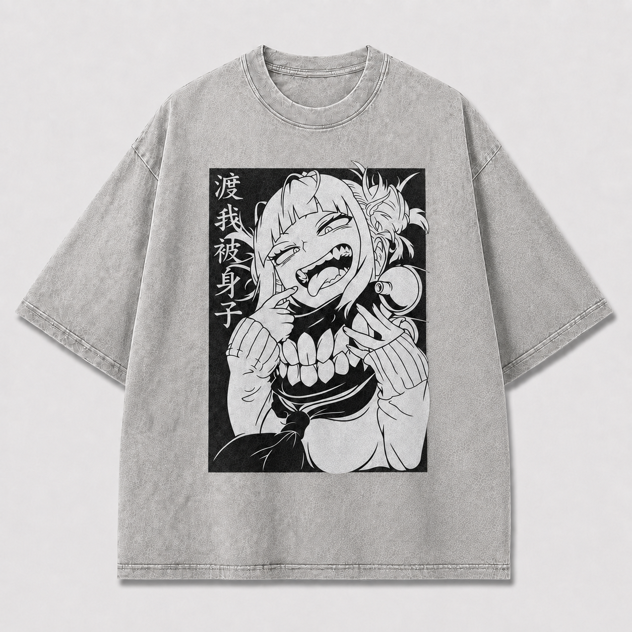Oversized Manga Grin Graphic Tee – Monochrome Print Top