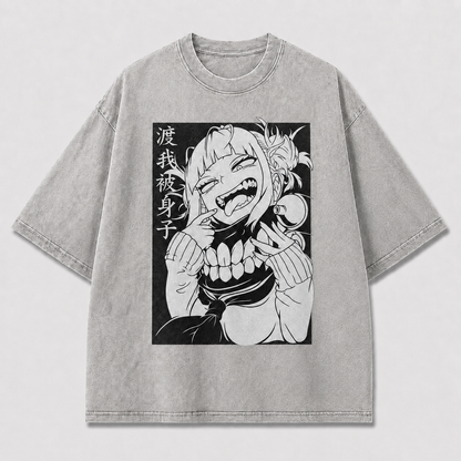 Oversized Manga Grin Graphic Tee – Monochrome Print Top