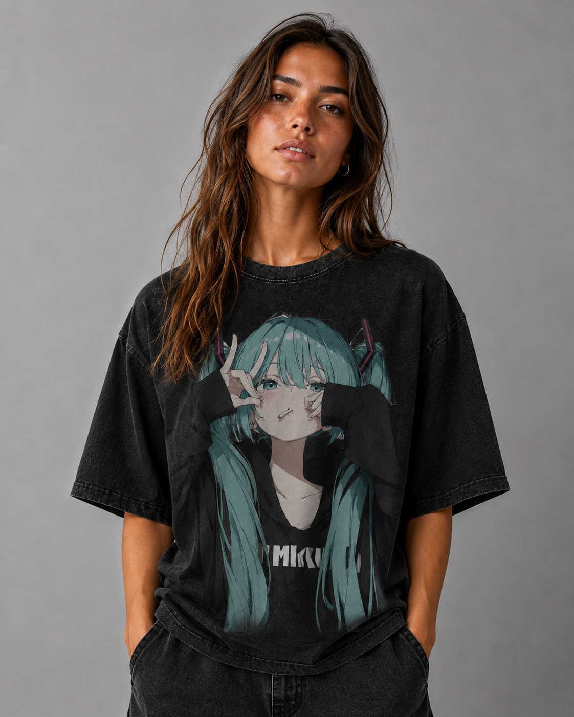 Oversized Graphic Print T-Shirt – Twin-Tail Waifu Streetwear Tee