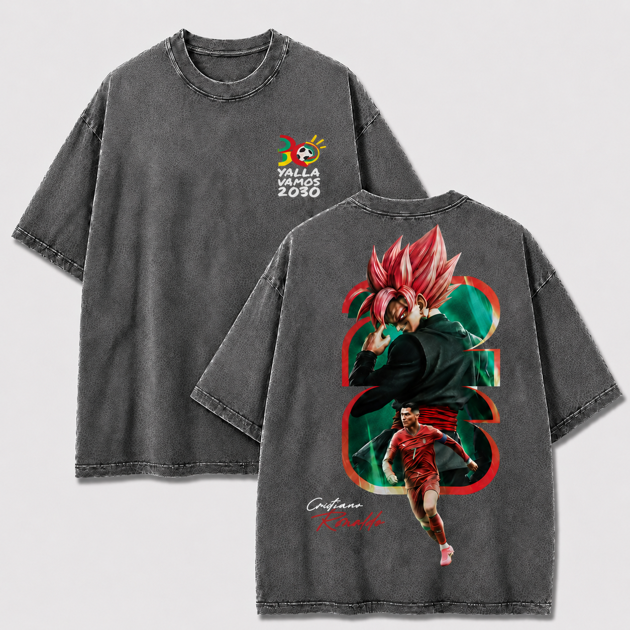 Washed gray CR7 anime football shirt with Rose Saiyan crossover back graphic