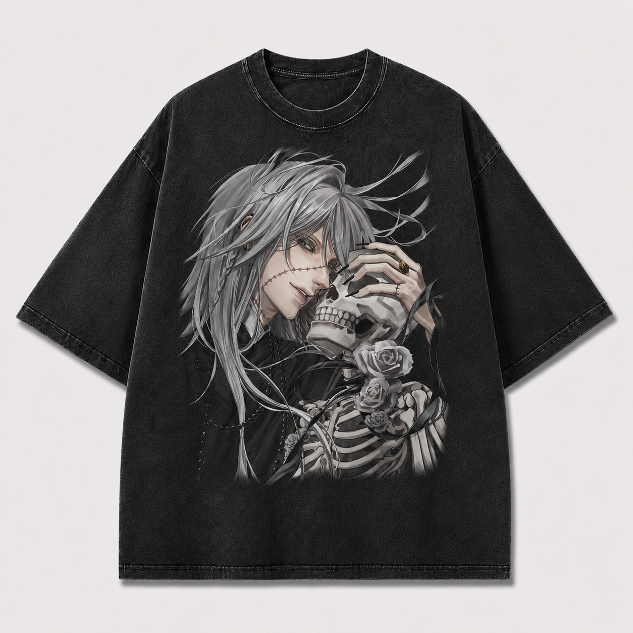 Oversized Gothic Skull Portrait Graphic Tee – Rose Print Top