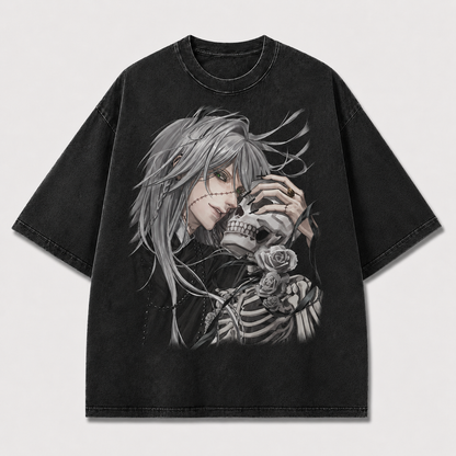 Oversized Gothic Skull Portrait Graphic Tee – Rose Print Top