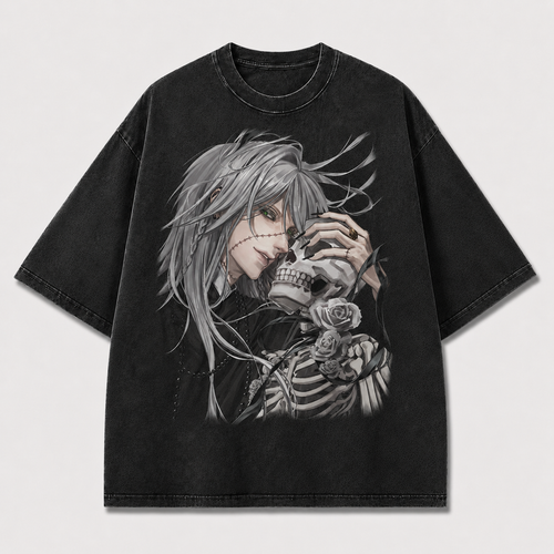 Oversized Gothic Skull Portrait Graphic Tee – Rose Print Top