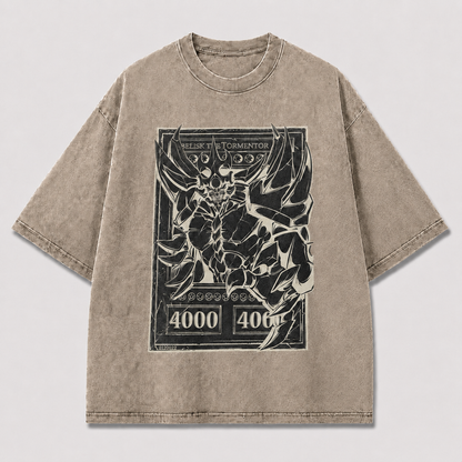Oversized Colossal Creature Card-Frame Graphic Tee – Monochrome Print Top