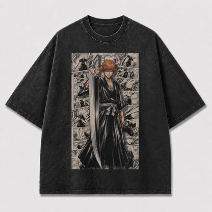 Oversized Streetwear Graphic Tee – Manga Panel Standing Sword Print