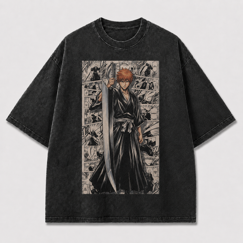 Oversized Streetwear Graphic Tee – Manga Panel Standing Sword Print