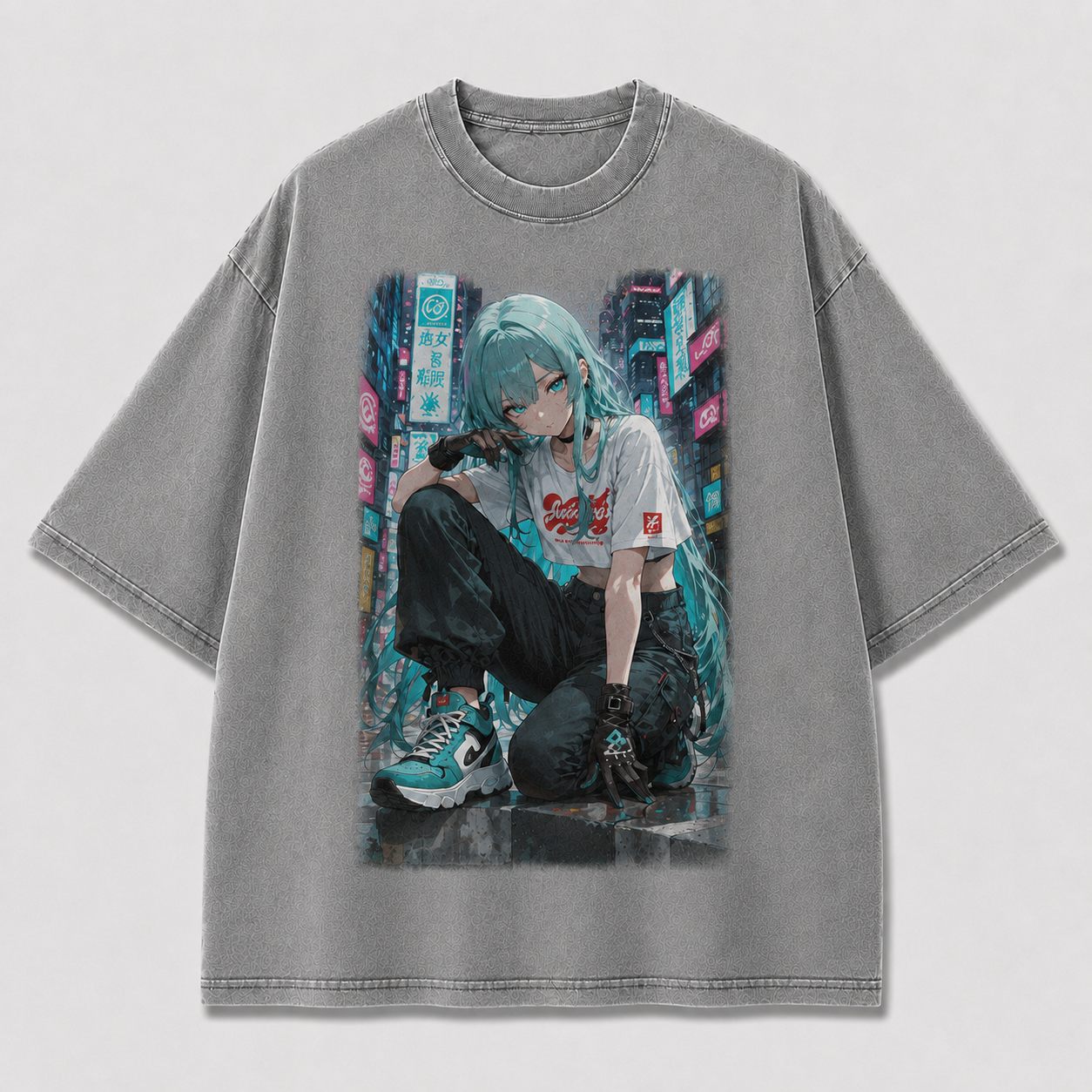 Oversized Graphic Print T-Shirt – Neon City Waifu Streetwear Tee