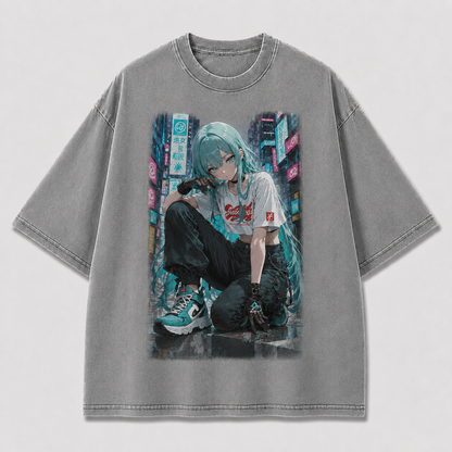 Oversized Graphic Print T-Shirt – Neon City Waifu Streetwear Tee