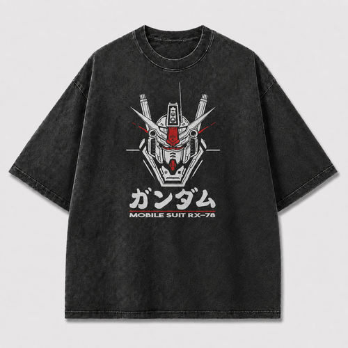 Oversized Mecha Head Graphic Tee – Bold Emblem Print Top