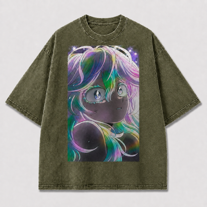 Oversized Iridescent Portrait Graphic Tee – Starlit Print Top