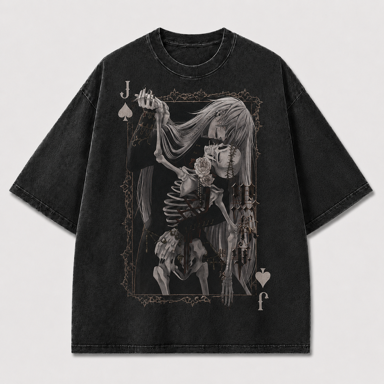 Oversized Gothic Card Portrait Graphic Tee – Skeleton Print Top