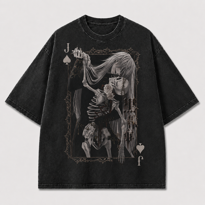 Oversized Gothic Card Portrait Graphic Tee – Skeleton Print Top
