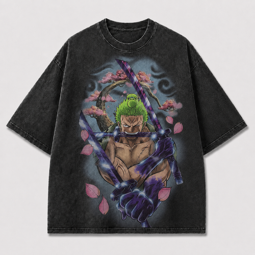 Oversized Graphic Print T-Shirt – Swordsman Cherry Blossom Streetwear Tee