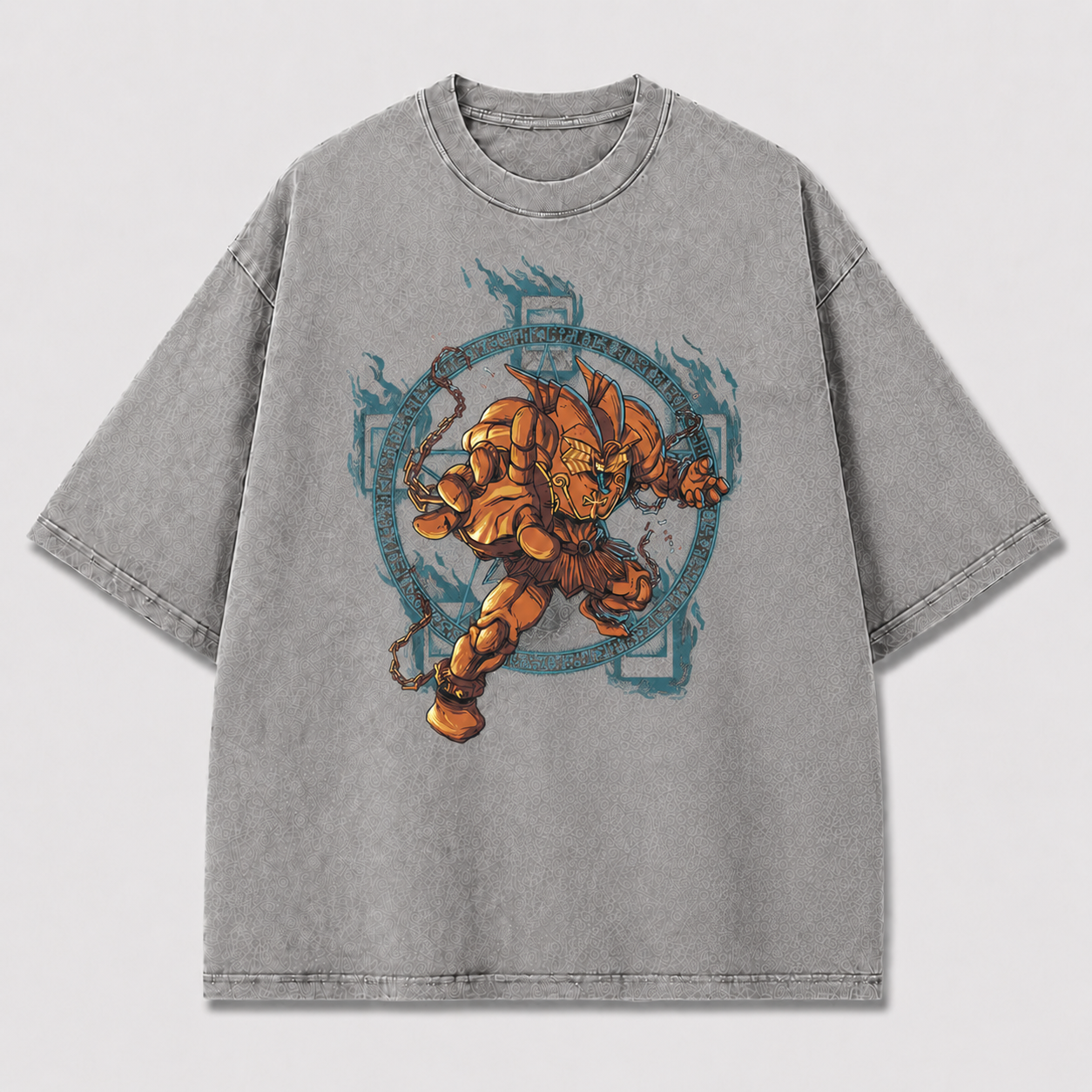 Oversized Bronze Warrior Graphic Tee – Runic Circle Print Top