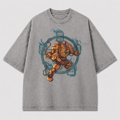 Oversized Bronze Warrior Graphic Tee – Runic Circle Print Top