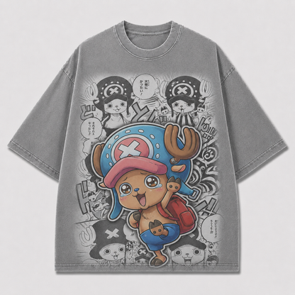 Oversized Streetwear Graphic Tee – Manga Panel Mascot Sticker Print