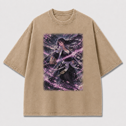 Oversized Violet Blade Swordswoman Graphic Tee – Dark Fantasy Streetwear Shirt