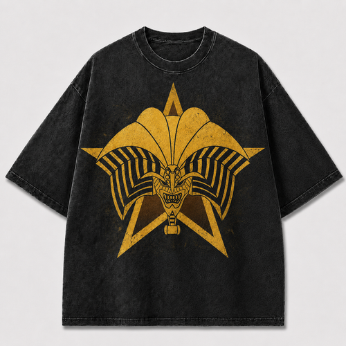 Oversized Golden Star Mask Graphic Tee – Symmetrical Print Top
