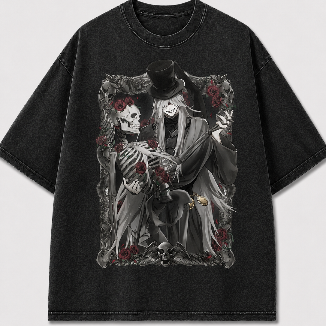Oversized Rose Skeleton Portrait Graphic Tee – Framed Print Top