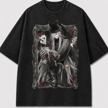 Oversized Rose Skeleton Portrait Graphic Tee – Framed Print Top