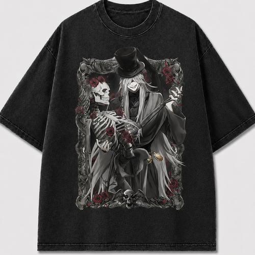 Oversized Rose Skeleton Portrait Graphic Tee – Framed Print Top