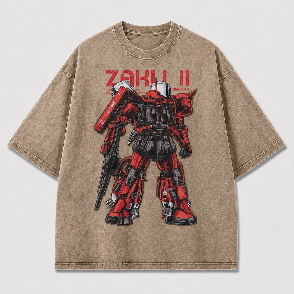 Oversized Crimson Mecha Standing Graphic Tee – Technical Print Top