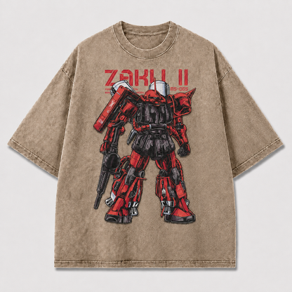 Oversized Crimson Mecha Standing Graphic Tee – Technical Print Top