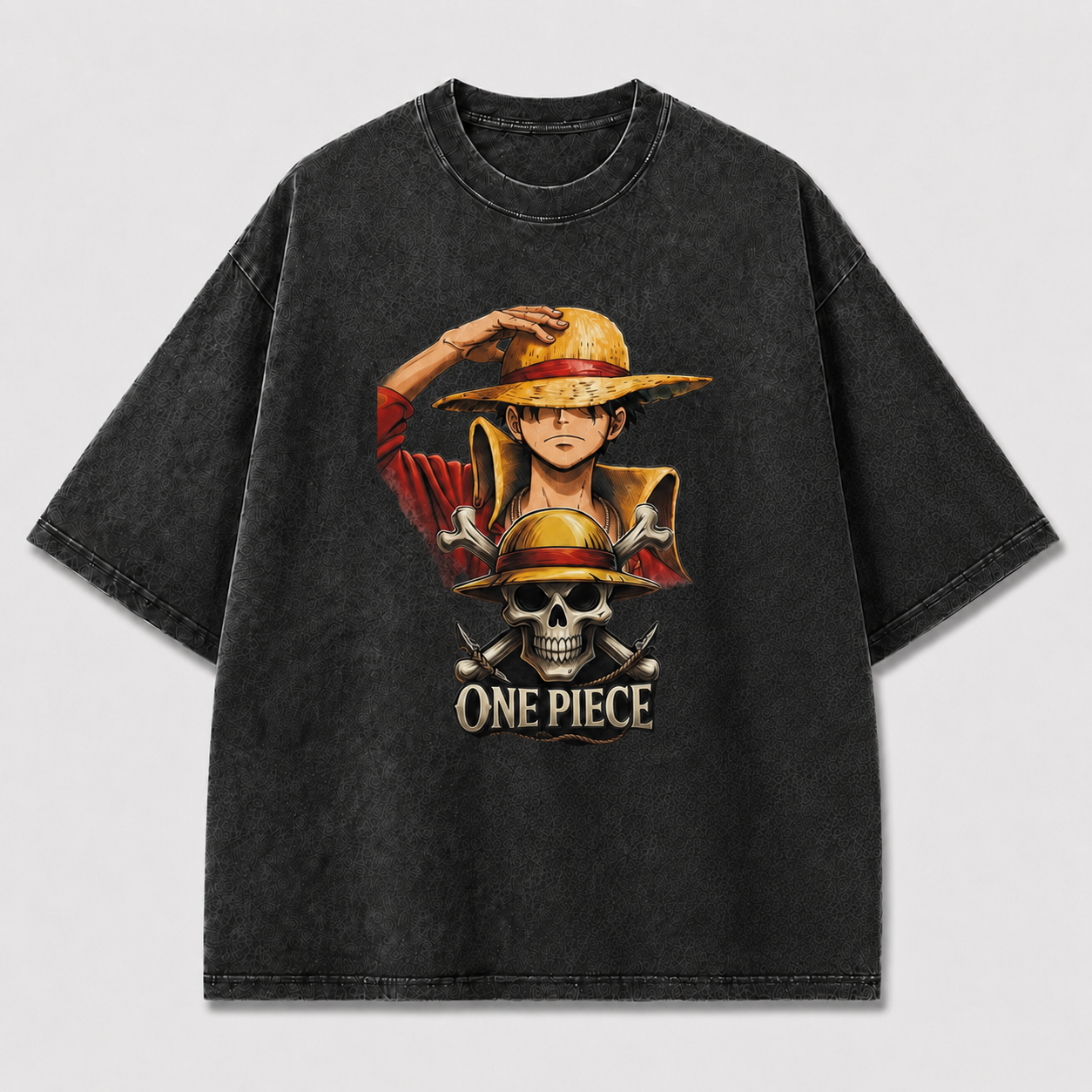 Oversized Streetwear Graphic Tee – Straw Hat Portrait Skull Badge Print