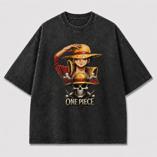 Oversized Streetwear Graphic Tee – Straw Hat Portrait Skull Badge Print