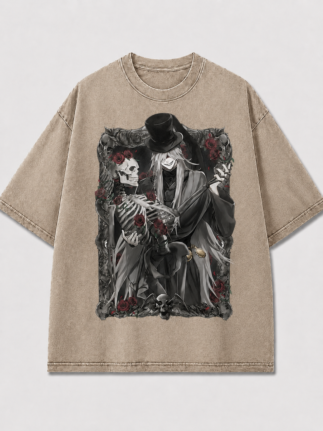 Oversized Rose Skeleton Portrait Graphic Tee – Framed Print Top