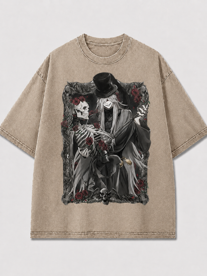 Oversized Rose Skeleton Portrait Graphic Tee – Framed Print Top